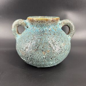 Blue Brown Lava Glaze Art Pottery Jug Vase Pot Vintage Pocked Bubble